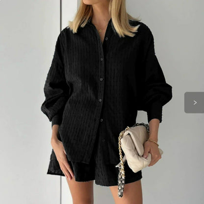 Women's Cotton Jacquard Shirt and Shorts Two Piece Set