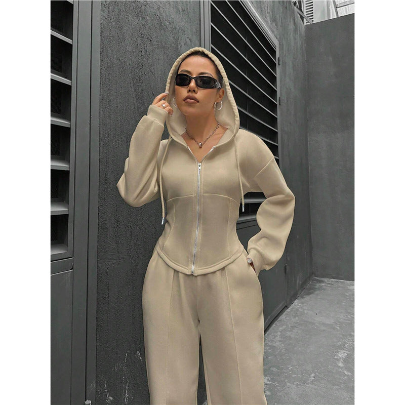 Fitted Zip Hoodie Wide Leg Sweatpants Two Piece Set