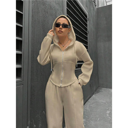 Fitted Zip Hoodie Wide Leg Sweatpants Two Piece Set