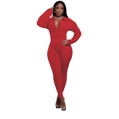 Sexy Ribbed Long Sleeve Zip Up Bodycon Jumpsuit