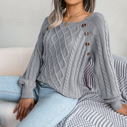 2025 Fall Winter Casual Square Neck Button Detail Cable Knit Sweater