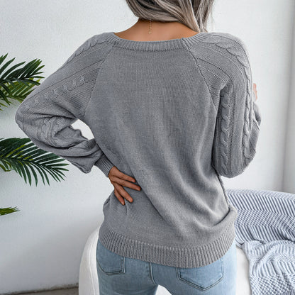2025 Fall Winter Casual Square Neck Button Detail Cable Knit Sweater