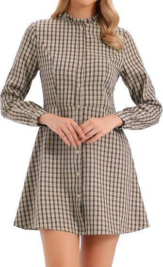 Plaid Ruffle Collar Button Front Long Sleeve Mini Dress