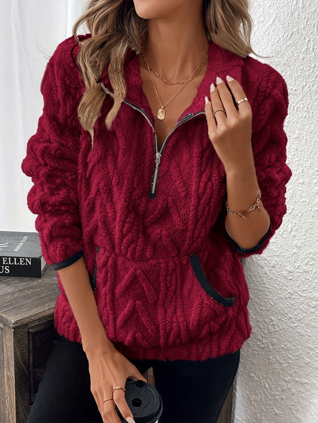 Women's Sherpa Half Zip Collared Sweatshirt Pockets