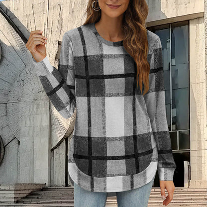 Women's Plaid Oversized Long Sleeve Crew Neck Tunic Top