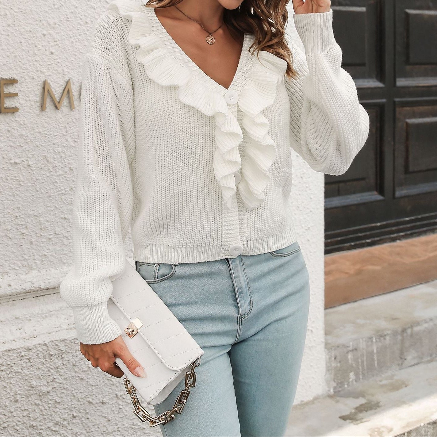 Women's Ruffle V-Neck Cropped Cardigan