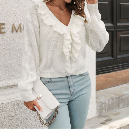 Women's Ruffle V-Neck Cropped Cardigan