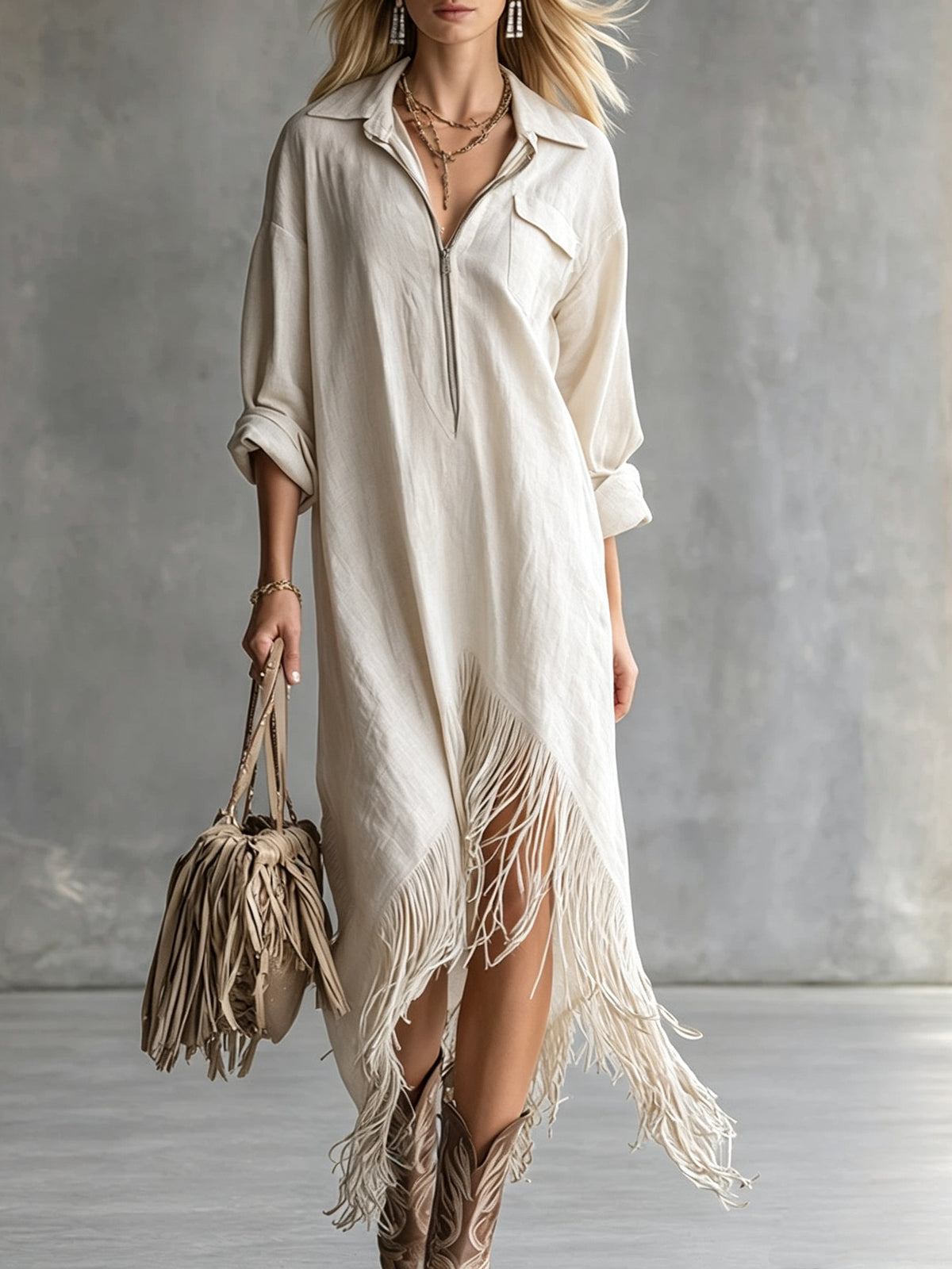 Women's Western Fringe Shirt Dress Asymmetrical Midi Boho