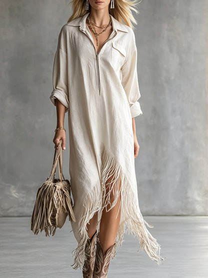 Women's Western Fringe Shirt Dress Asymmetrical Midi Boho