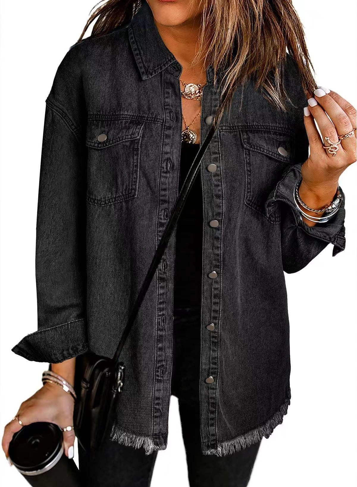 Women's Oversized Denim Shacket Frayed Hem Jacket