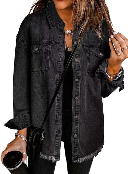 Women's Oversized Denim Shacket Frayed Hem Jacket