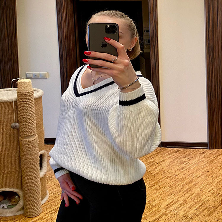 Oversized V-Neck Sweater Women's Long Sleeve Chunky Knit