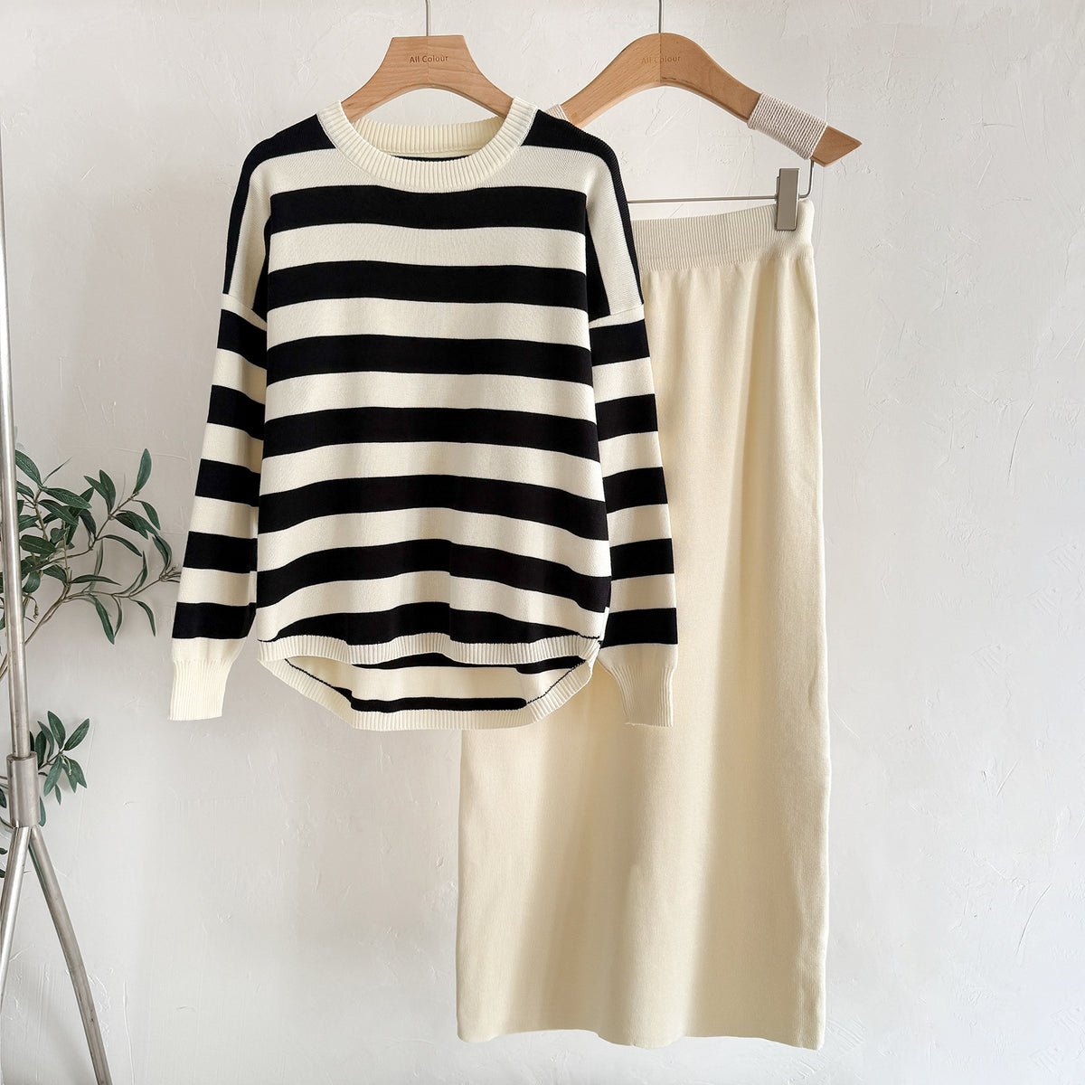 Striped Sweater & Midi Skirt Knit Matching Set