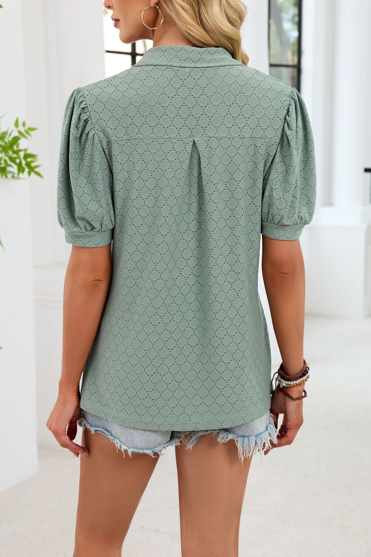 Eyelet V Neck Puff Sleeve Polo Blouse Casual Top