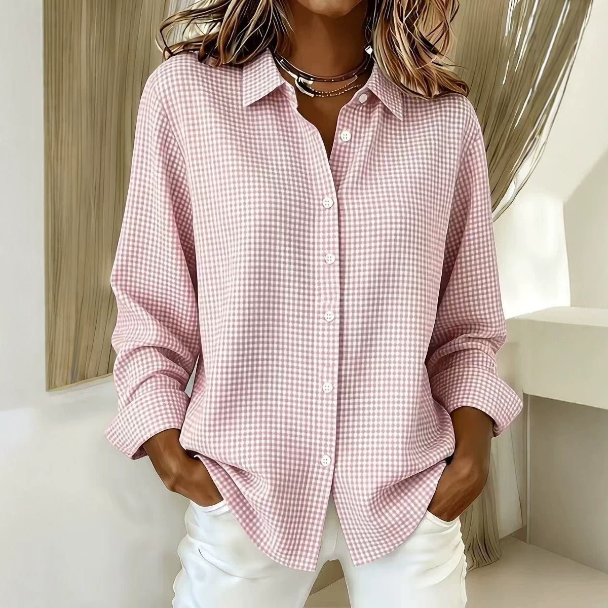 Women's Gingham Long Sleeve Button Down Shirt