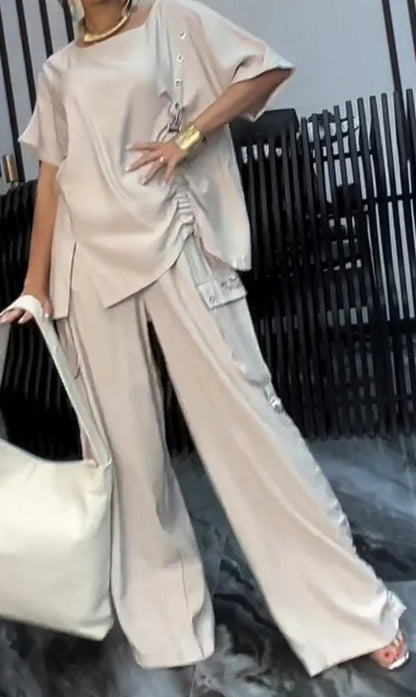 Women's Two Piece Lounge Set Wide Leg Pants Pockets