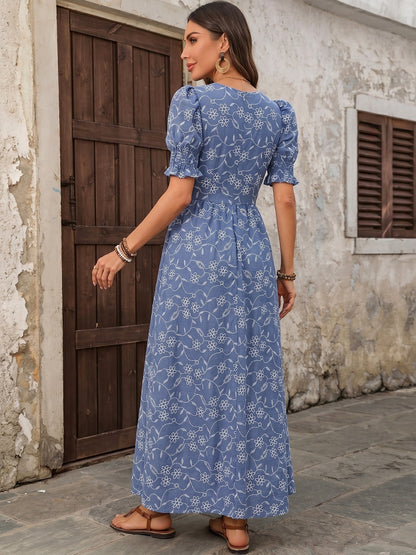 Floral Square Neck Puff Sleeve Maxi Dress Resort Style