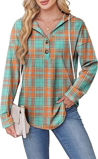 Women's Plaid Button Hoodie Long Sleeve Pullover