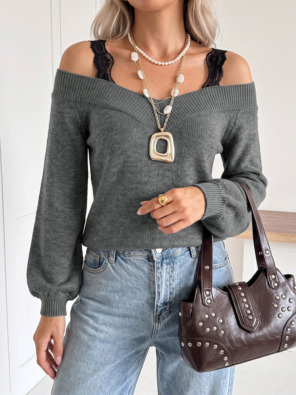 Women's Off Shoulder Lace Trim V Neck Knit Sweater