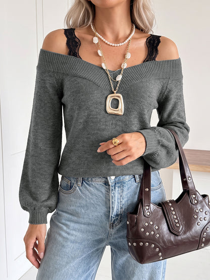 Women's Off Shoulder Lace Trim V Neck Knit Sweater