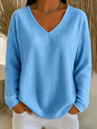 Women's Waffle Knit V Neck Long Sleeve Oversized Top
