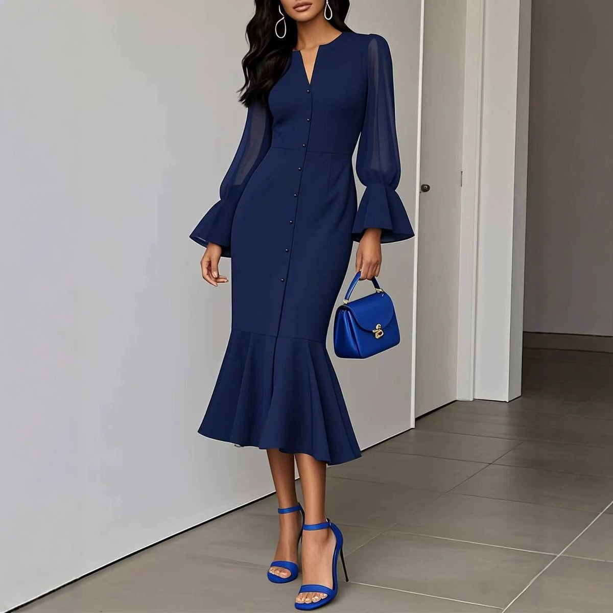 Women's V-Neck Chiffon Bell Sleeve Midi Mermaid Dress