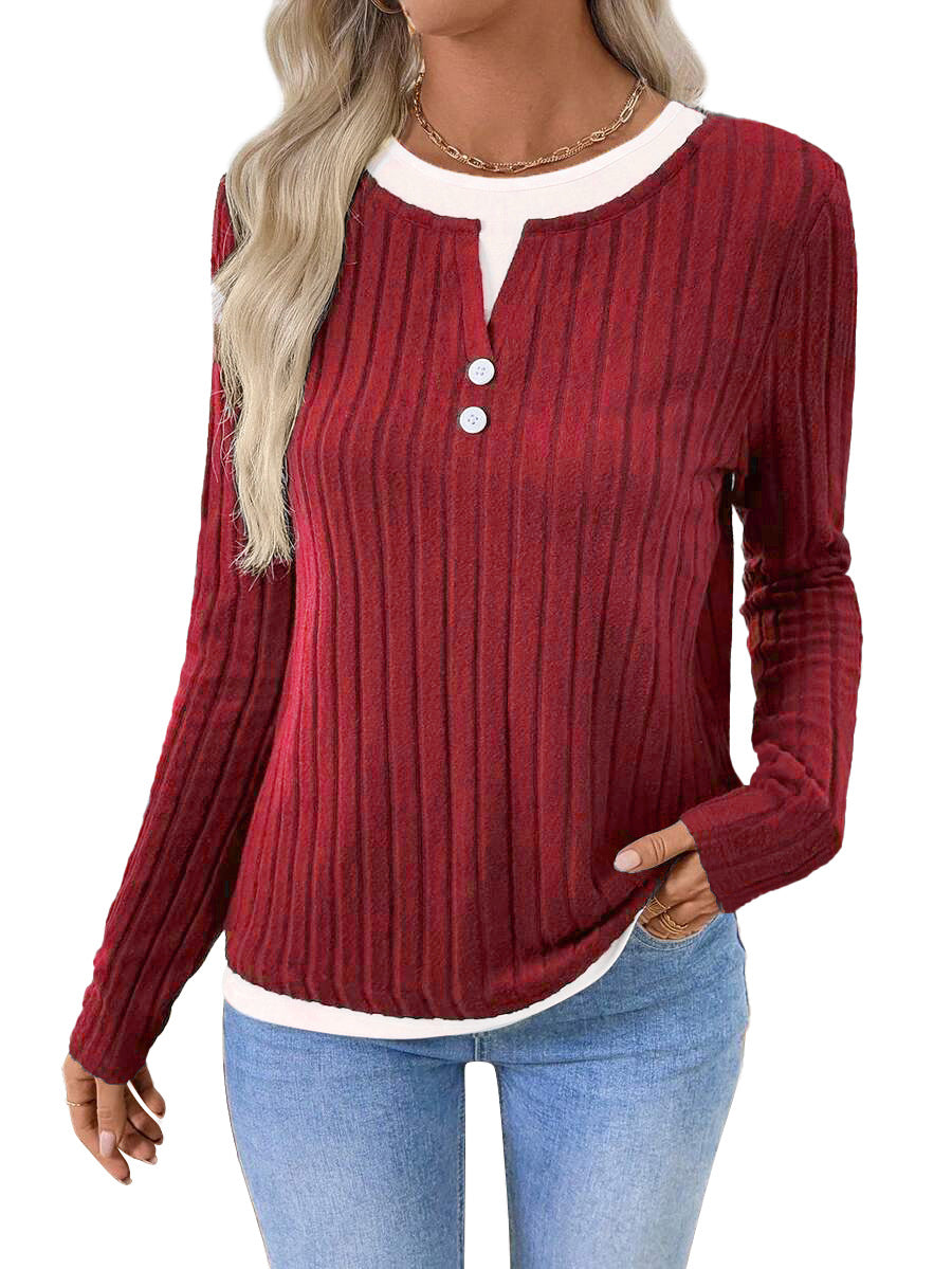 Ribbed Faux Layered Henley Long Sleeve Casual Top