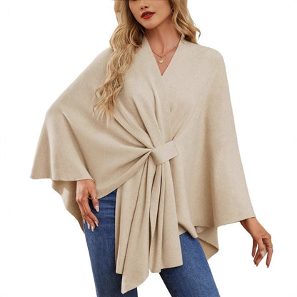 Women's V-Neck Twist Front Knit Poncho Sweater