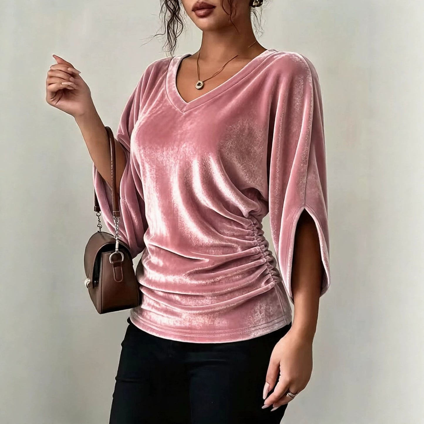 Women's Velvet V Neck Batwing 3/4 Sleeve Ruched Top