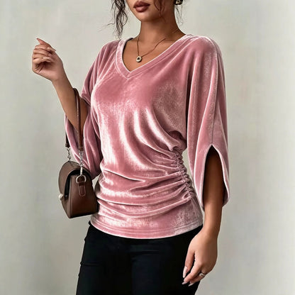 Women's Velvet V Neck Batwing 3/4 Sleeve Ruched Top