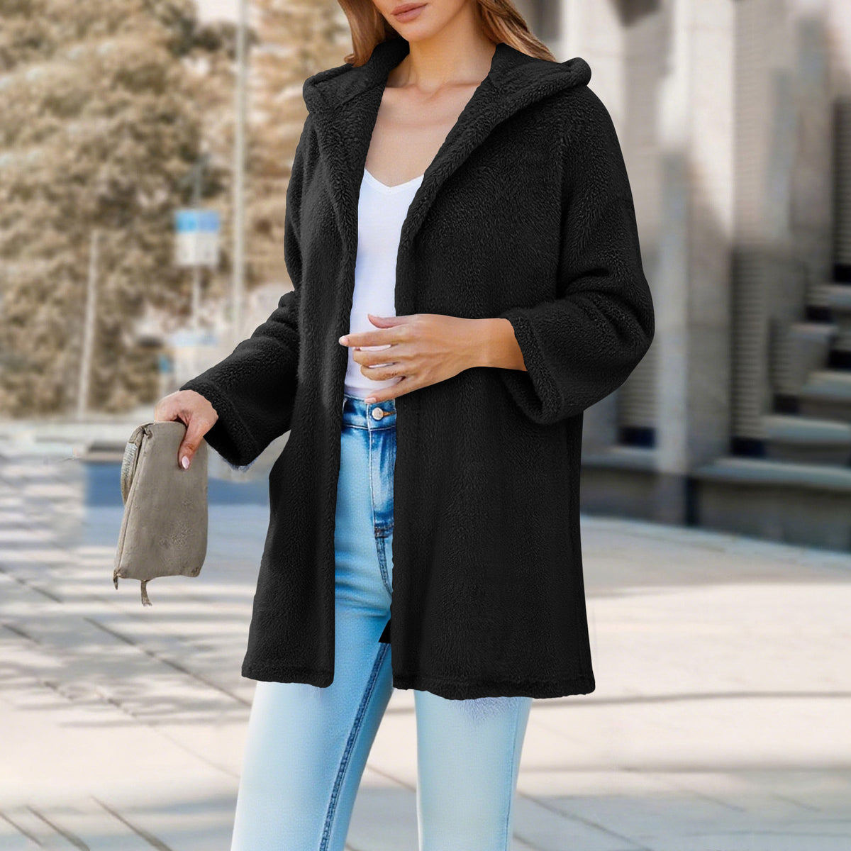 Oversized Sherpa Hooded Cardigan Open Front Coat