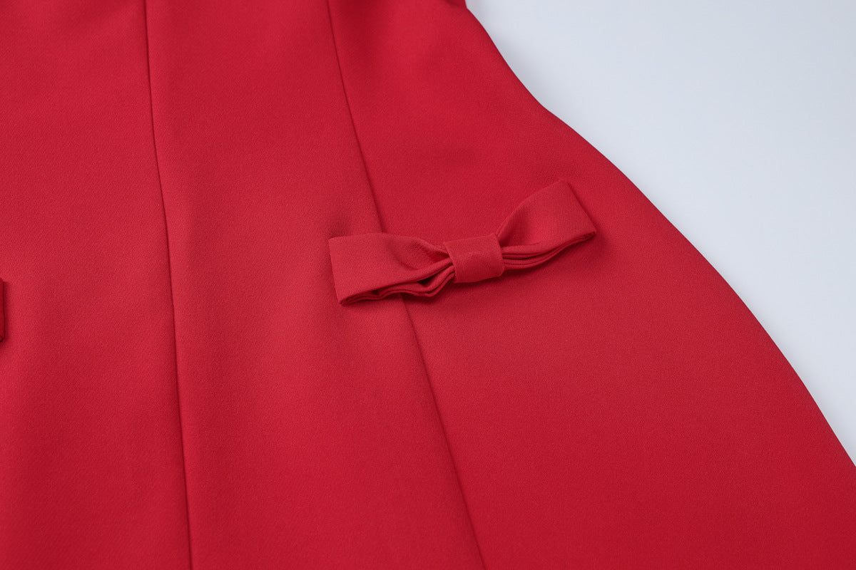Red Off Shoulder Long Sleeve Mini Dress with Bow Detail