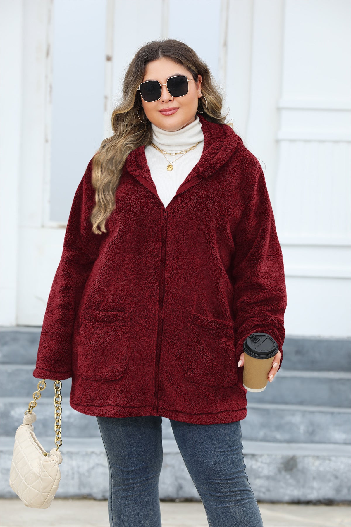 Plus Size Women's Thickened Hooded Plush Jacket