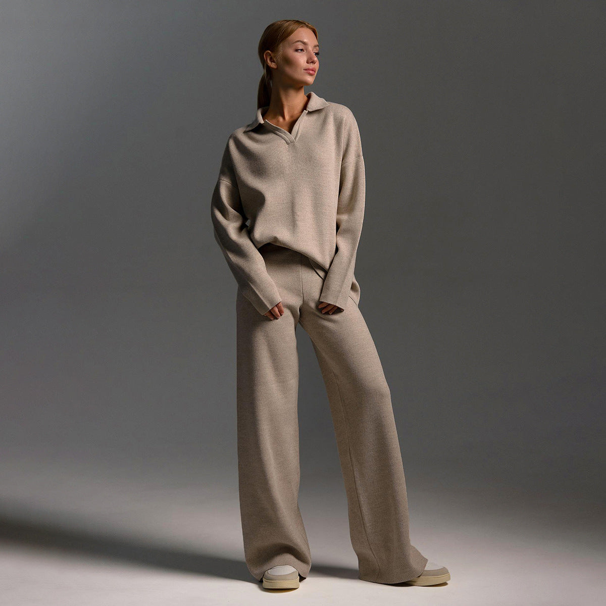 Women's Polo Knit Sweater Set with Wide Leg Pants