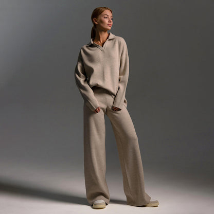 Women's Polo Knit Sweater Set with Wide Leg Pants
