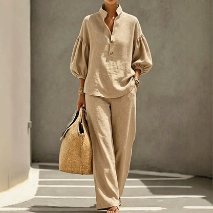 Cotton Puff Sleeve Mandarin Shirt Wide Leg Pants Set
