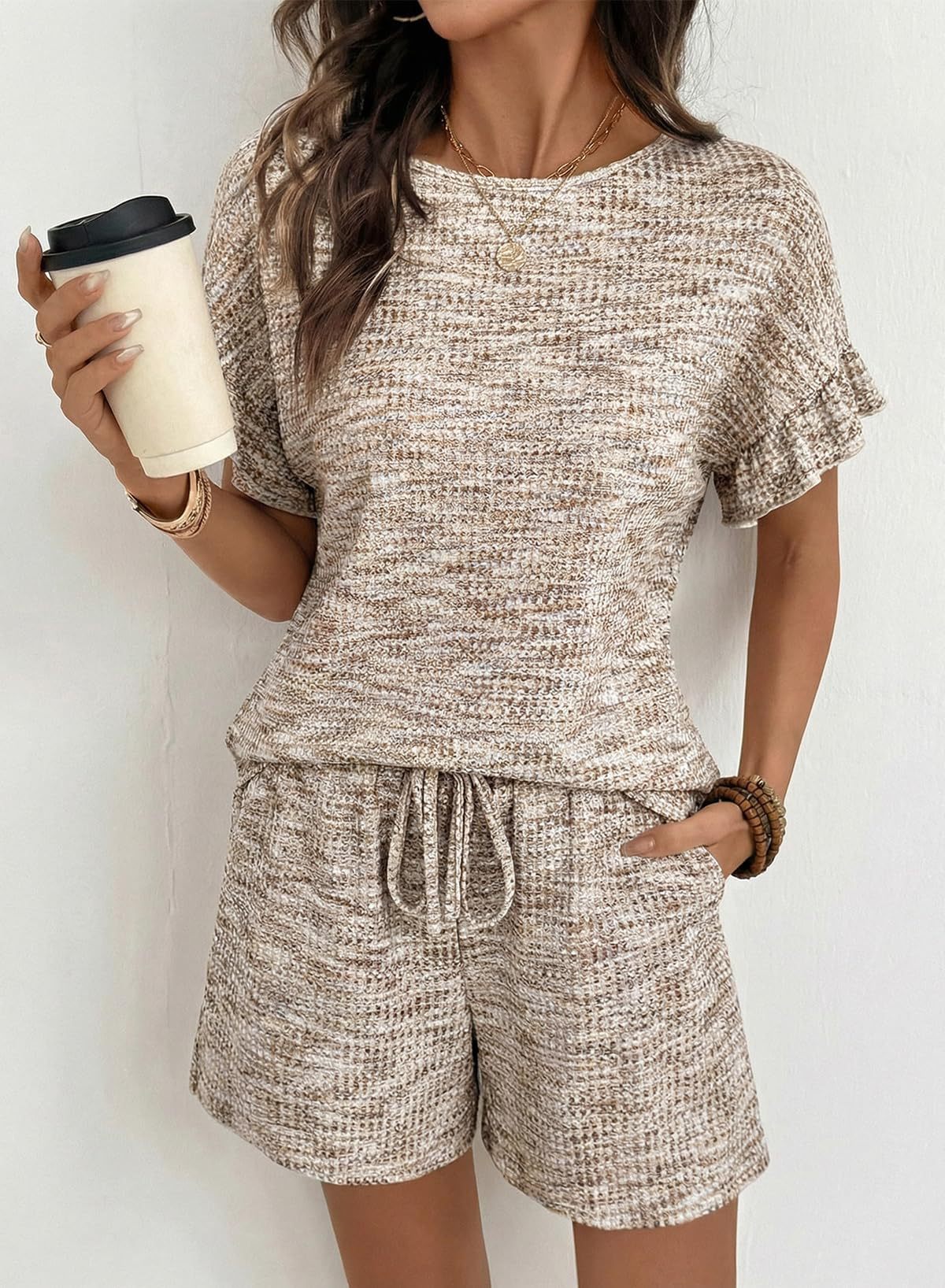Textured Knit Lounge Set Ruffle Sleeve Drawstring
