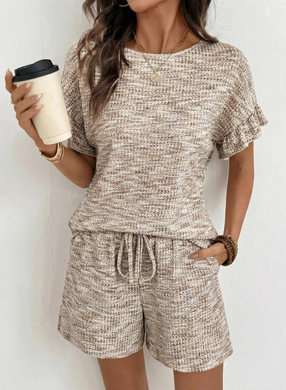 Textured Knit Lounge Set Ruffle Sleeve Drawstring