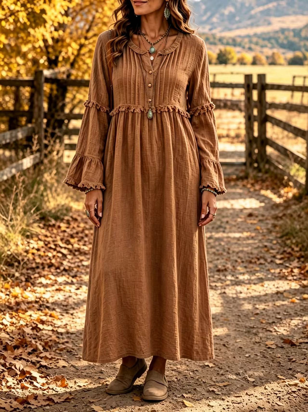 Women's Boho Long Sleeve Ruffle Maxi Dress