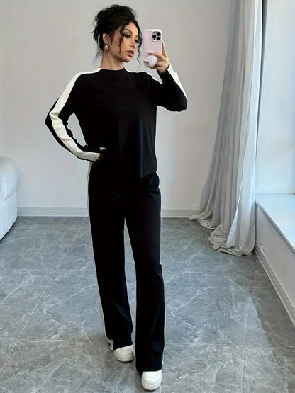 Color Block Raglan Top Wide Leg Pants Lounge Set