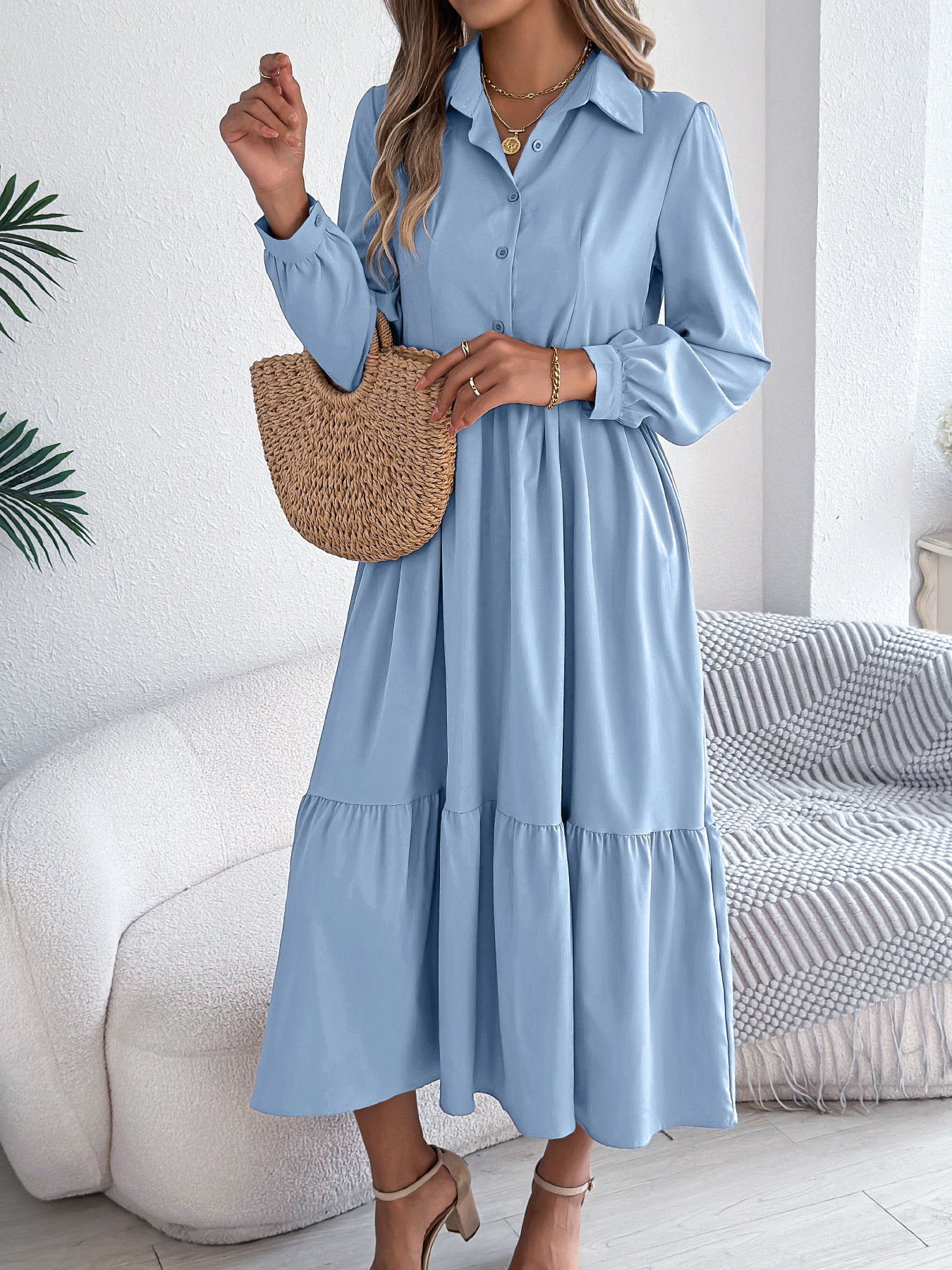 Collared Long Sleeve Tiered Shirt Dress