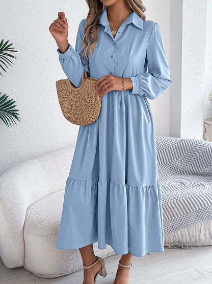 Collared Long Sleeve Tiered Shirt Dress