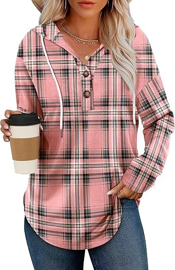 Women's Plaid Button Hoodie Long Sleeve Pullover