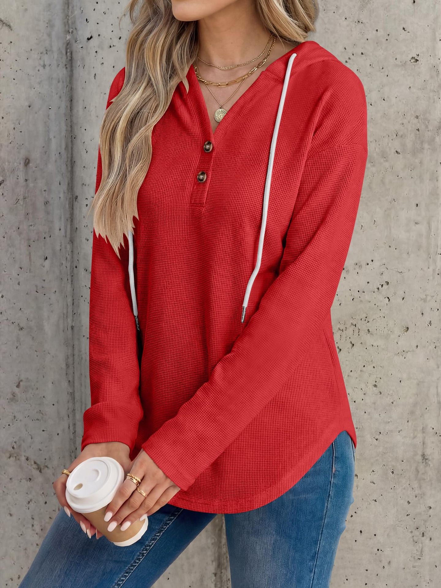 Waffle Knit Hoodie Henley Long Sleeve Casual Top