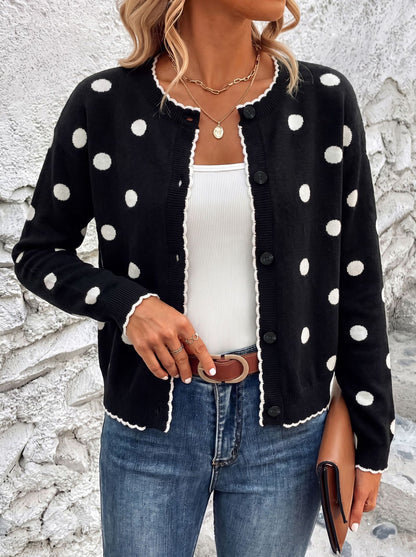 Women's Scalloped Polka Dot Button Front Cardigan