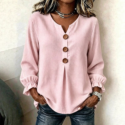 Women's Waffle Knit V Neck Ruffle Sleeve Button Front Top