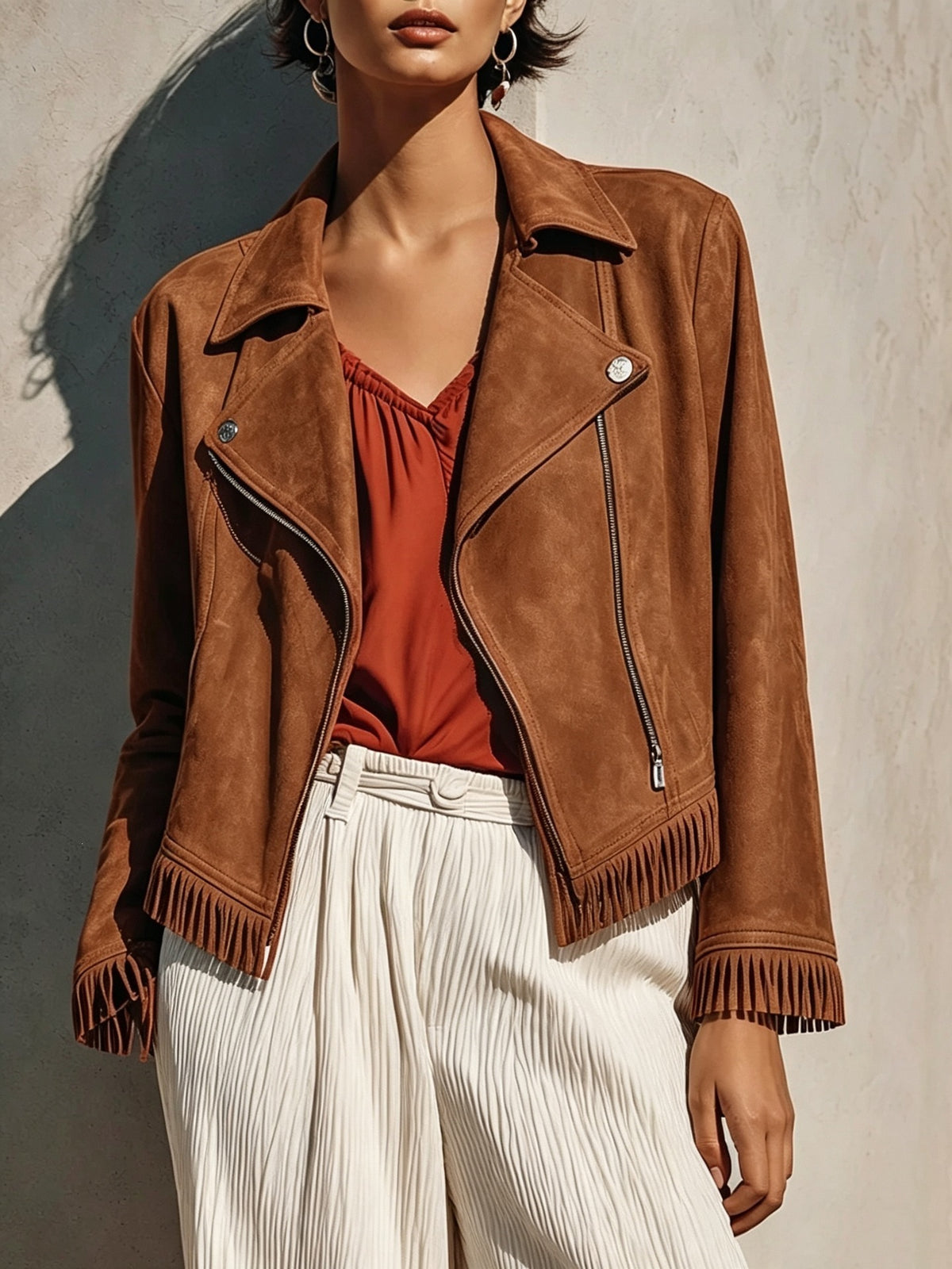 Women's Faux Suede Fringe Moto Jacket Zip Up