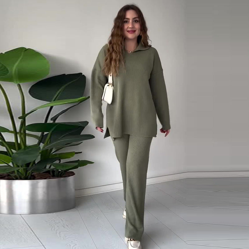 Ribbed Knit Side Slit Lounge Set Wide Leg Pants