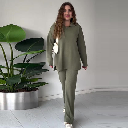 Ribbed Knit Side Slit Lounge Set Wide Leg Pants