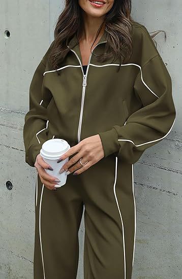 Contrast Trim Zip Jacket Pants Two Piece Set